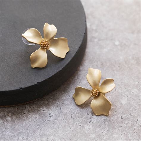 Gold Colour Hand Painted Flower Shaped Stud Earrings By Brand X