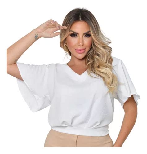 Camisa Feminina Social Duna Curta Gola V Elegante C Decote Mercadolivre