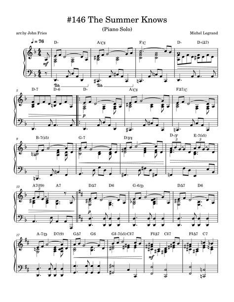 Summer Knows Arr John Fries By Fusik Sheet Music For Piano Solo At Sheet Music Direct