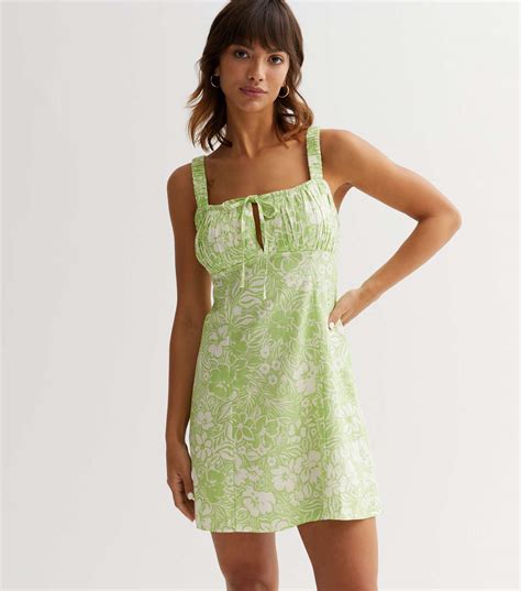 Green Floral Tie Front Mini Dress New Look