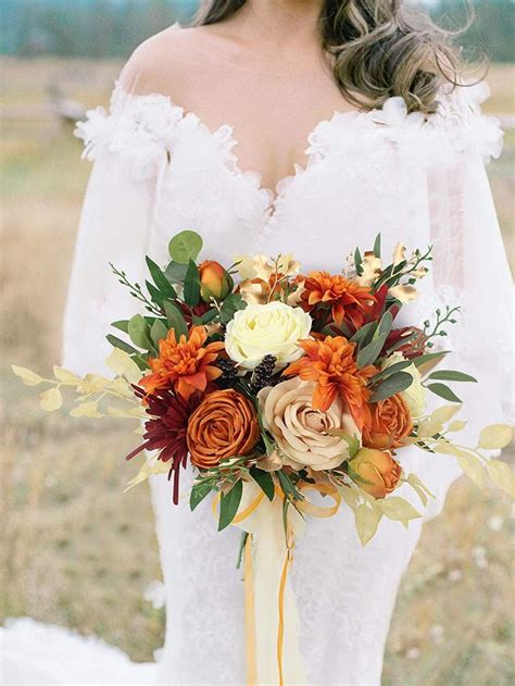 Rinlong Fall Wedding Bouquets For Bride Burnt Orange Bridal Bouquet For