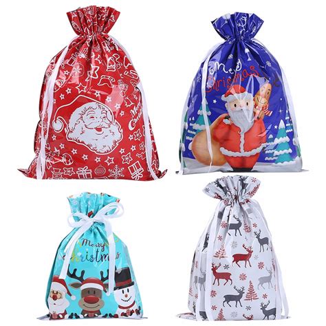 4pcs Christmas Plastic T Bags Santa Claus Elk Pattern Drawstring