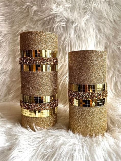 2 Piece Glam Vase Set Glitter Textured Mirror Tile Rhinestones Home