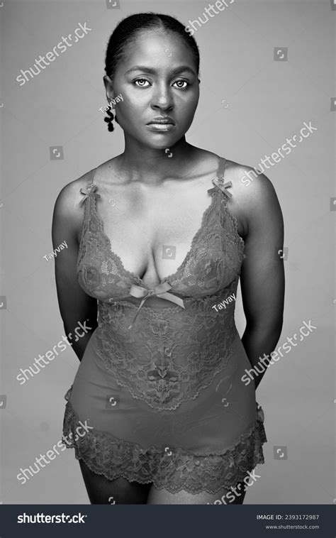 Black White Portrait Ebony Lingerie Model Stock Photo