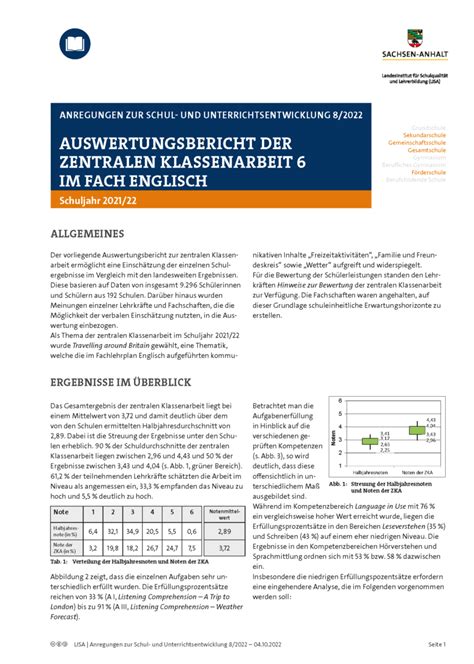 Auswertungsbericht Der Zentralen Klassenarbeit Im Fach Englisch