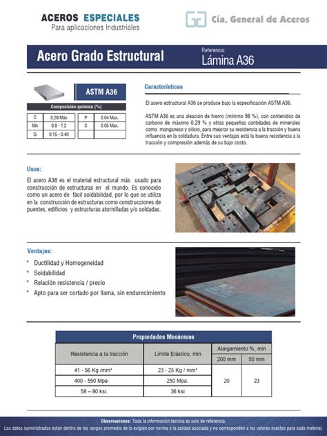 Ficha Técnica Aceros Grado Estructural A36 Pdf Acero Resistencia