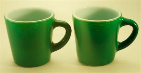 Set Of 2 Retro Dark Green Milk Glass Coffee Mugs By Meowyland