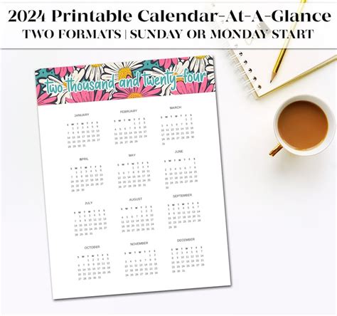 Printable Wall Calendar Year At A Glance Etsy