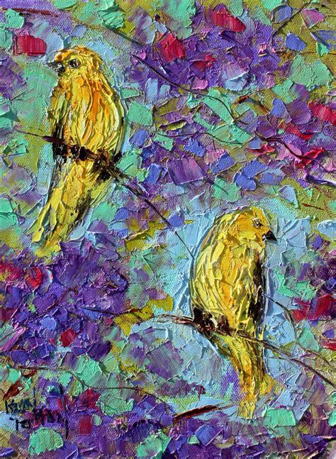 Birds and Flowers painting, bird art, original oil, palette knife impressionism on canvas fine ...