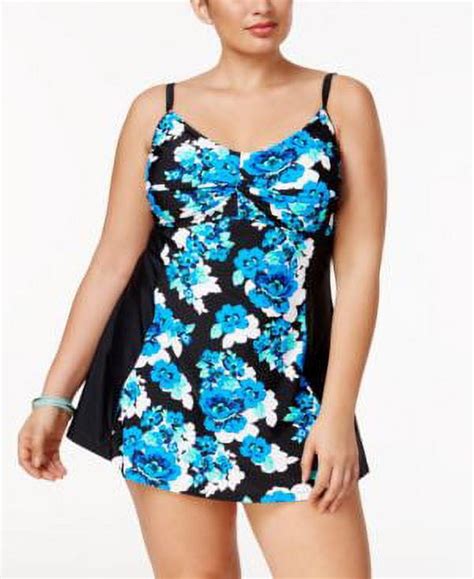 Island Escape Black Multi Plus Size Floral Drift Twist Front Swimdress Us 16w