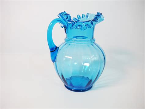 Vintage Blue Glass Frilly Edge Pitcher Large Heavy Blue Pitcher Water Or Lemonade Pitcher