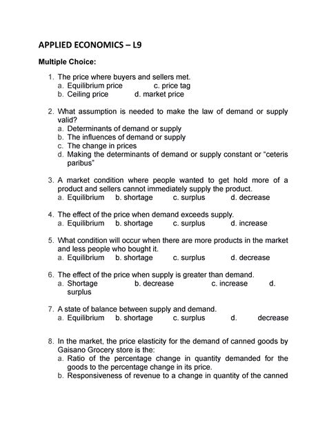 Reviewer Of Applied Eco Applied Economics L Multiple Choice