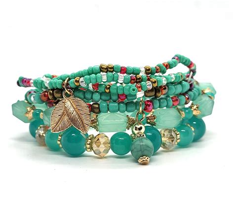 Lilalove Kralen Armbanden Set Dames Blauw Azuur Groen Goud Ibiza Boho