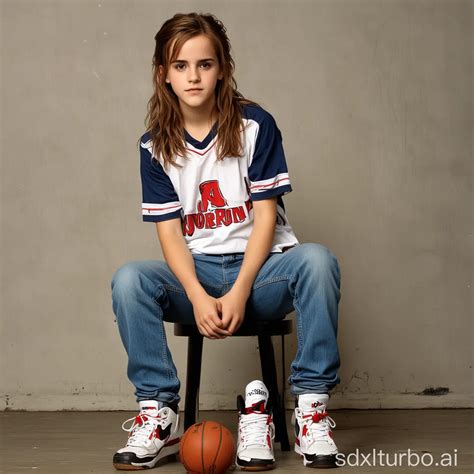 Teenage Basketball Player Emma Watson In Blue Jeans And Jordan Sneakers