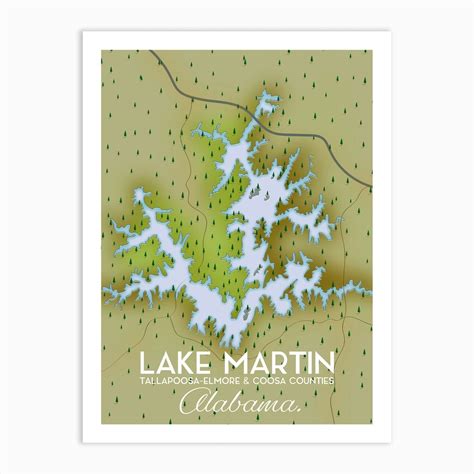 Lake Martin, Alabama map Art Print by Nicks Emporium - Fy