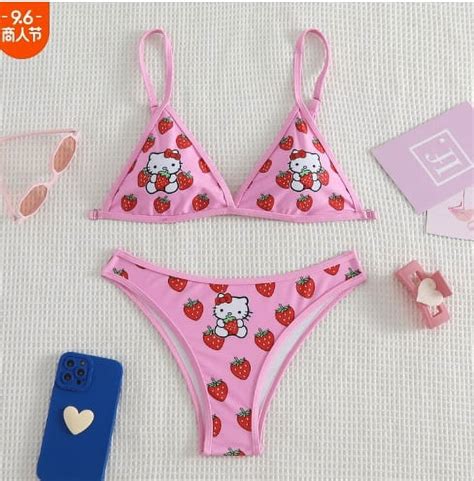 2pcs Sanrio Hello Kitty Bikini Set Cute Cartoon Y2k Summer Beach Soft