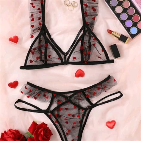 SHEIN Intimates Sleepwear Heart Pattern Mesh Lingerie Set Poshmark