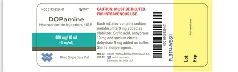 Dopamine Hydrochloride Injection Usp 400mg10ml 40mgml