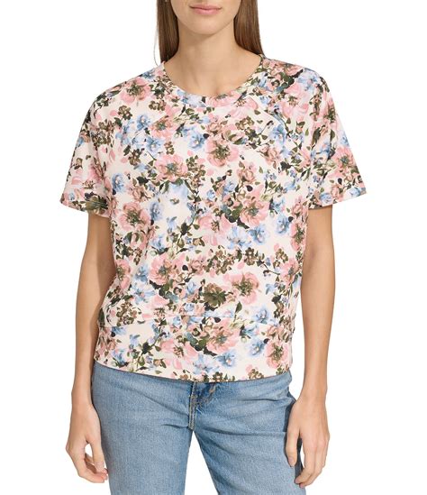 Andrew Marc Sport Floral Print Crew Neck Short Sleeve Top Dillards