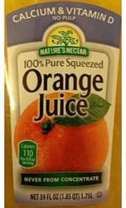 Nature S Nectar Orange Juice Never From Concentrate 240 Ml Nutrition