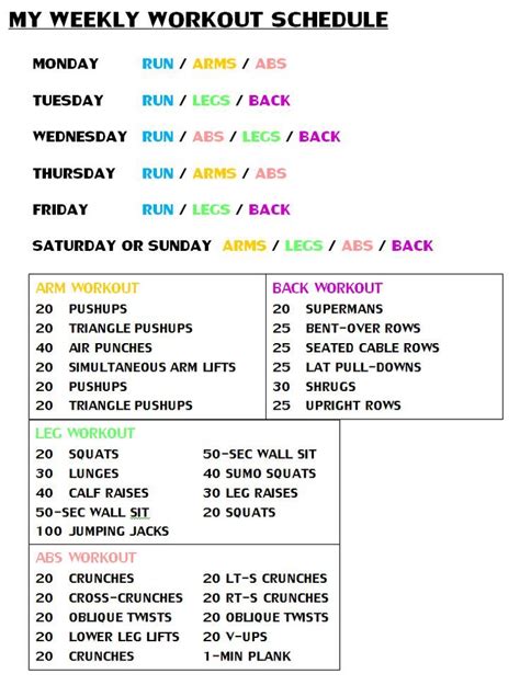 Weekly Workout Schedule Weekly Workout Schedule Weekly Workout