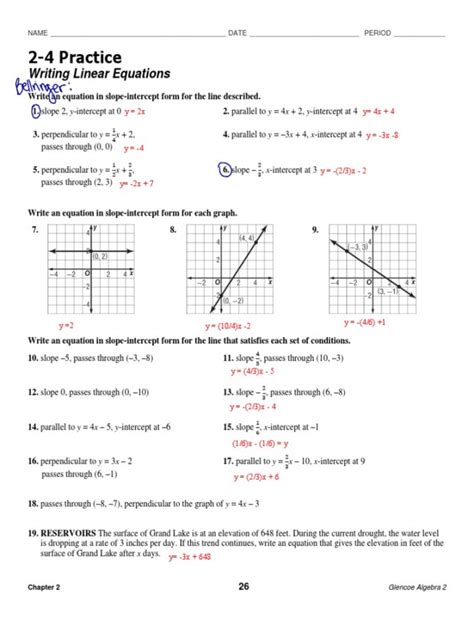 Writing Linear Equations Worksheet Answer Key