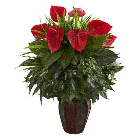 Mixed Anthurium Artificial Plant In Decorative Planter 8170 Nearly Natural