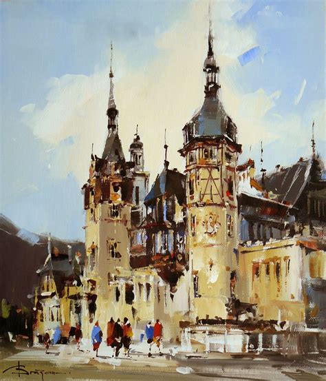 An Oil Painting Of People Walking In Front Of A Building With Towers