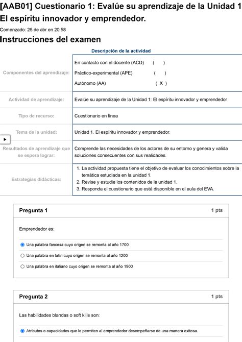 Examen Aab Cuestionario Eval E Su Aprendizaje De La Unidad El