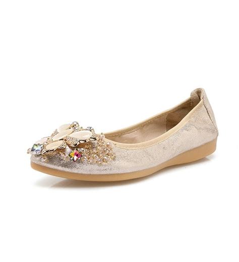 Womens Foldable Ballet Flats Rhinestone Comfort Wedding Shoes - Gold - CI185LCCZHO