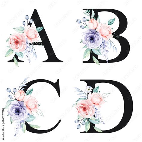 Floral Alphabet Letters A B C D With Watercolor Flowers And Leaf