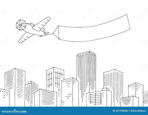 Airplane Banner Flying Over the City Graphic Black White Landscape ...