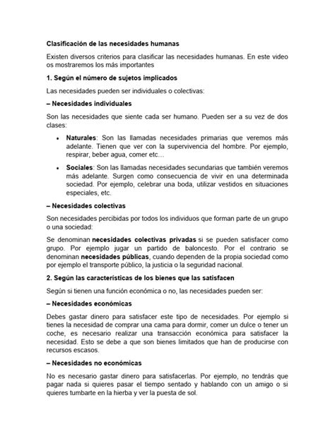 Clasificación De Las Necesidades Humanas Pdf Bienes Psicología Social