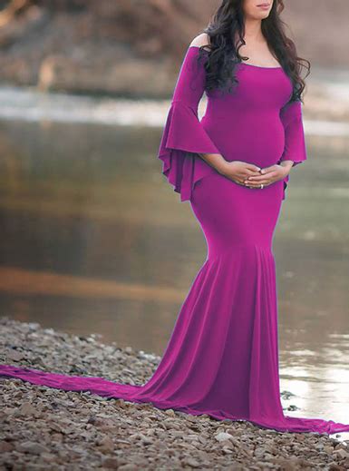 Bell Sleeve Wide Mermaid Tail Maternity Dress Rose Red