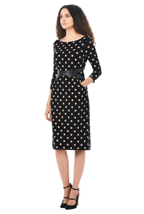 Shop Faux Leather Waist Polka Dot Cotton Knit Sheath Dress Eshakti