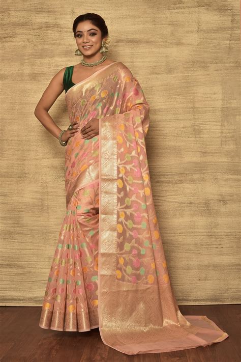 Buy Pink Banarasi Cotton Silk Woven Floral Motif Silver Zari Work Saree