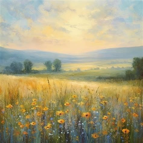 Premium Ai Image Wildflower Field Landscape Oil Painting