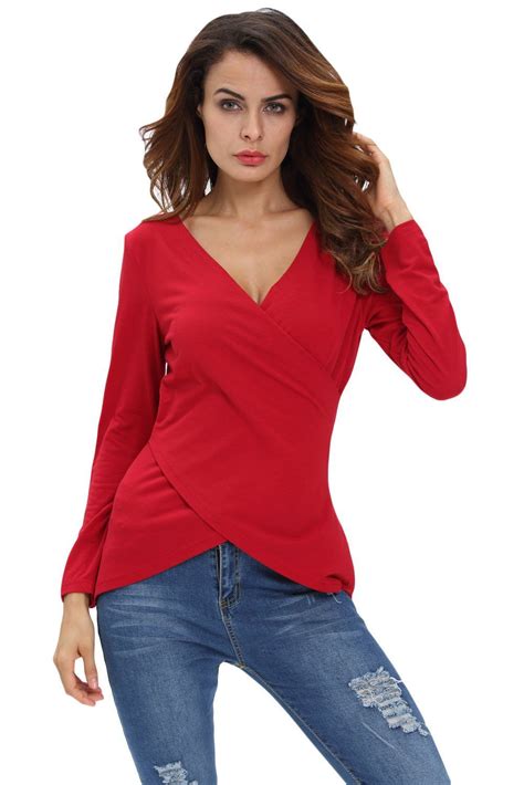 Red V Neck Asymmetrical Long Sleeve Solid T Shirt Women