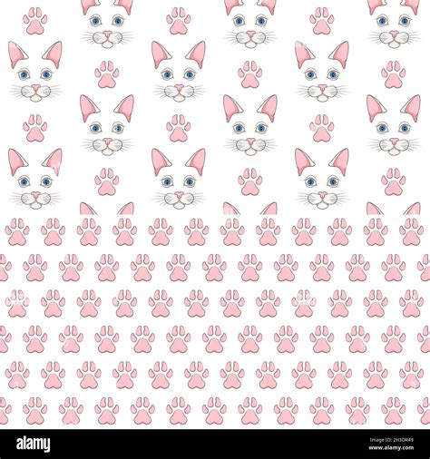 Set of seamless patterns with white cat face and paw prints. Colored ...