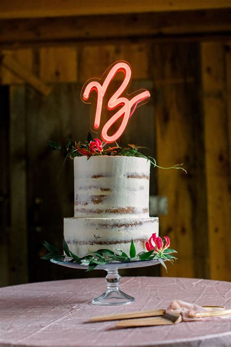 Rustic Two Tier Semi Naked Cake With Lighted Topper