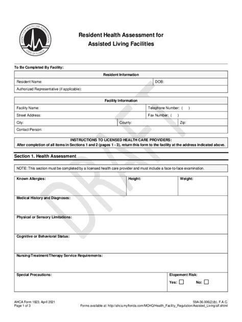 Fillable Online Ahca Form 1823 Resident Health Assessment April 2021