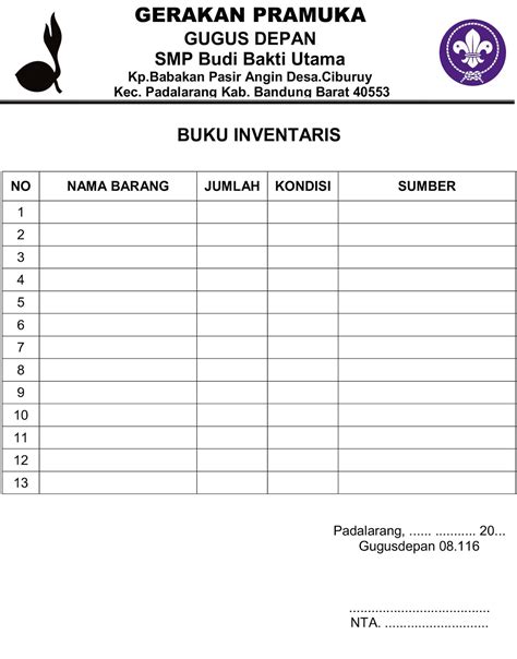 Contoh Buku Daftar Inventaris Administrasi Pramuka