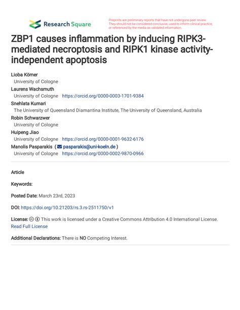 Pdf Zbp1 Causes Inflammation By Inducing Ripk3 Mediated Necroptosis