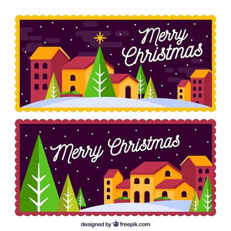 Banners De Feliz Navidad Con Casas De Vector Gratis