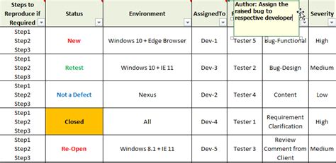 Bug Tracking Excel Template