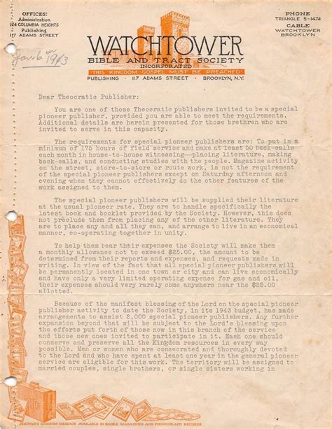 Rare Original Watchtower Bible Tract Society Letter 1943 Ibsa Jehovahs Witnesses 1955338486