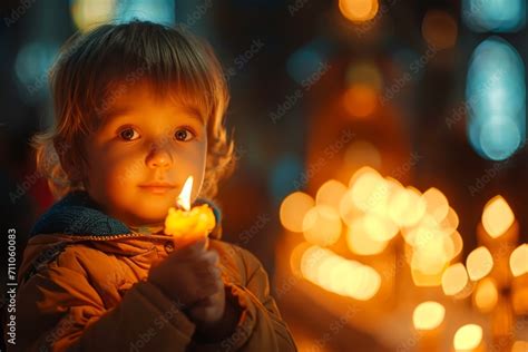 Kid Holding Lit Candle With Awe In Eyes In A Church Light Casting A