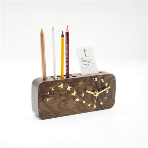 Wooden Pen Holder With Clock Wooden Table Clock Wood Pencil Holder