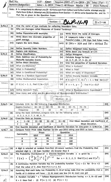 11th Class Statistics Past Paper 2019 Bahawalpur Board Subjective