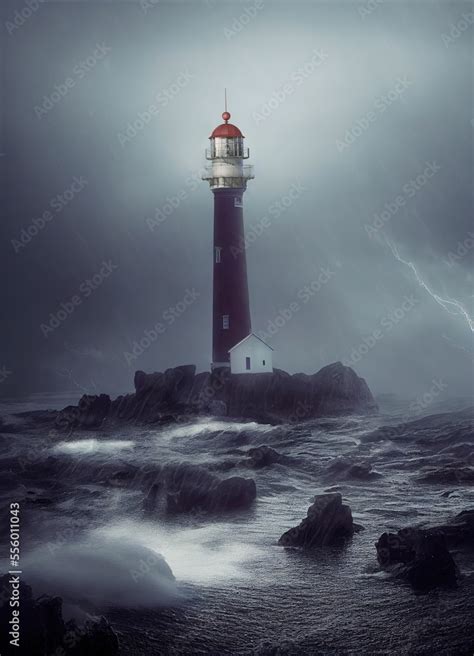 Storm with big waves over the lighthouse at the ocean coast ,made with ...